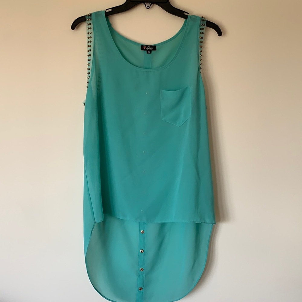 Guess Blouse Sheer Green Hi Low Hem
